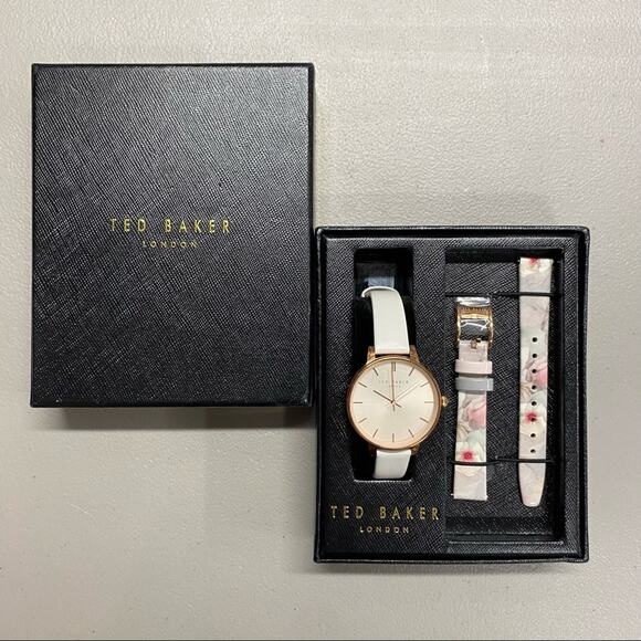 Ted Baker Watch Floral White Interchangable Leather Strap Gold Hardware Designer - Picture 2 of 5